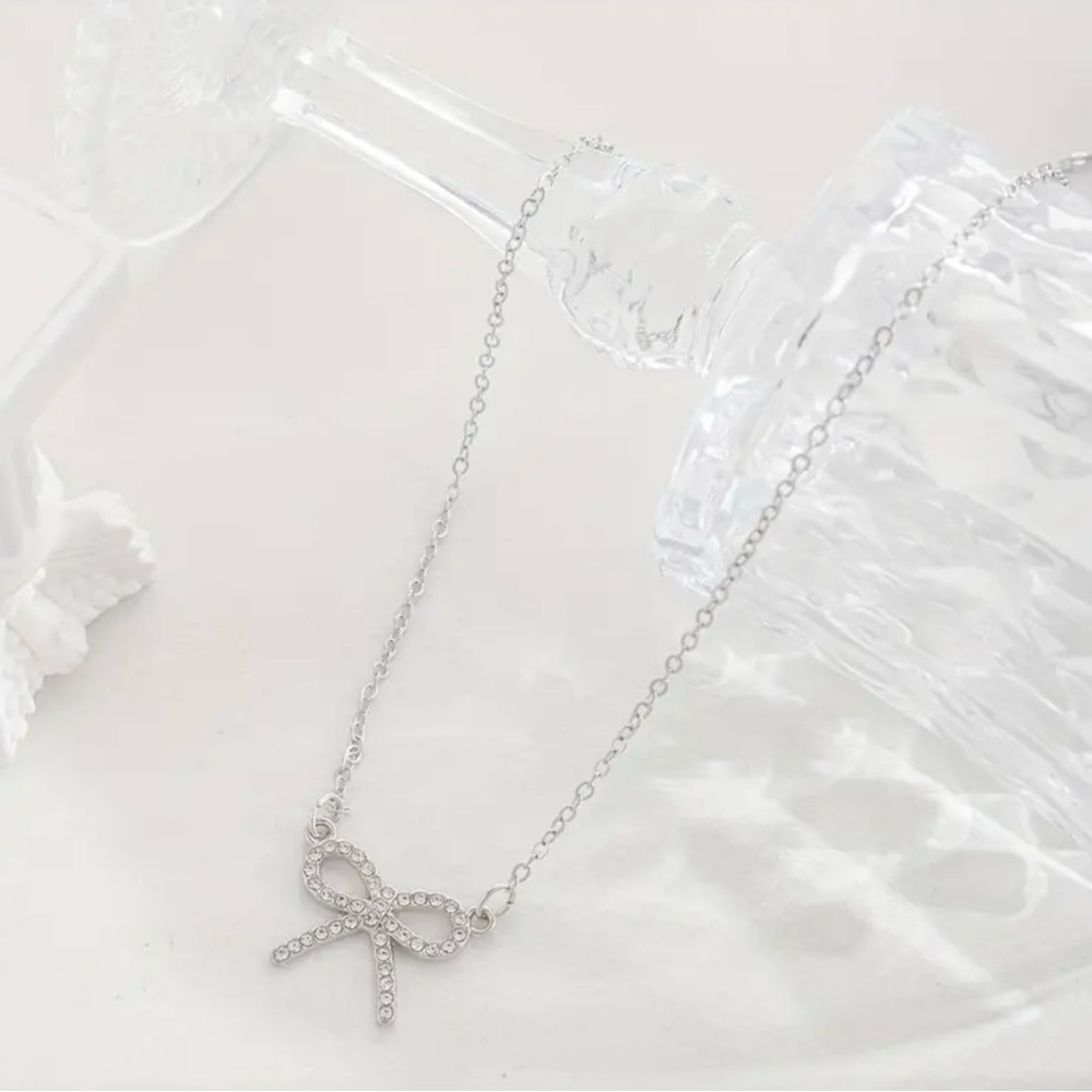 NEW Coquette bow necklace sparkling rhinestone bow, boho chic necklace silver